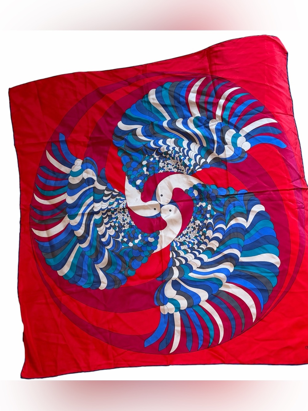 Woman’s Gres Paris 100% silk square scarf red blue bird 70’s vintage